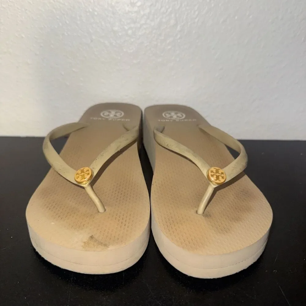 Tory Burch Logo Platform Wedge Flip Flop Sandals Women 7.5 Beige Thong Beach